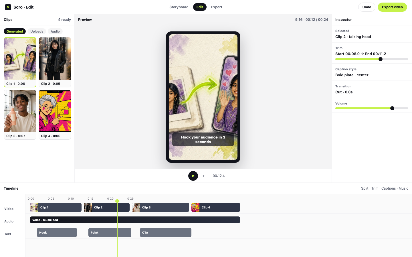 Video edit desk — preview, clips, and inspector
